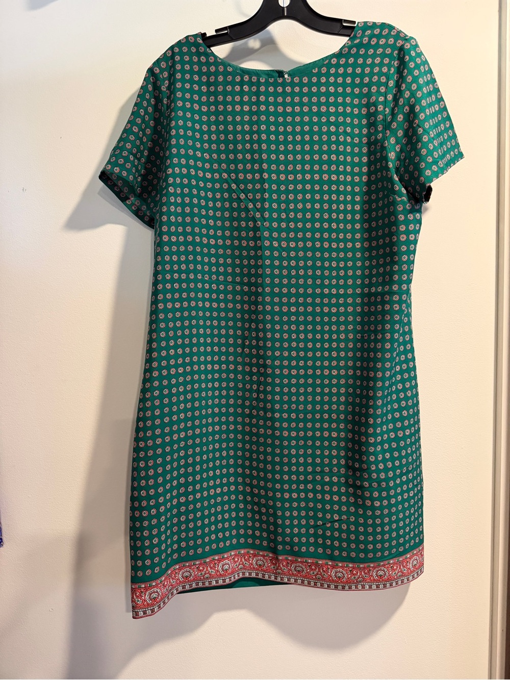 J. Crew Green Printed Short-Sleeve Shift Dress with Red Border